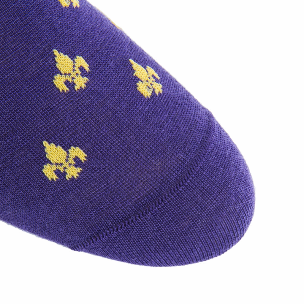 Purple with Yolk Fleur De Lis Fine Merino Wool Sock Linked Toe Mid-Calf