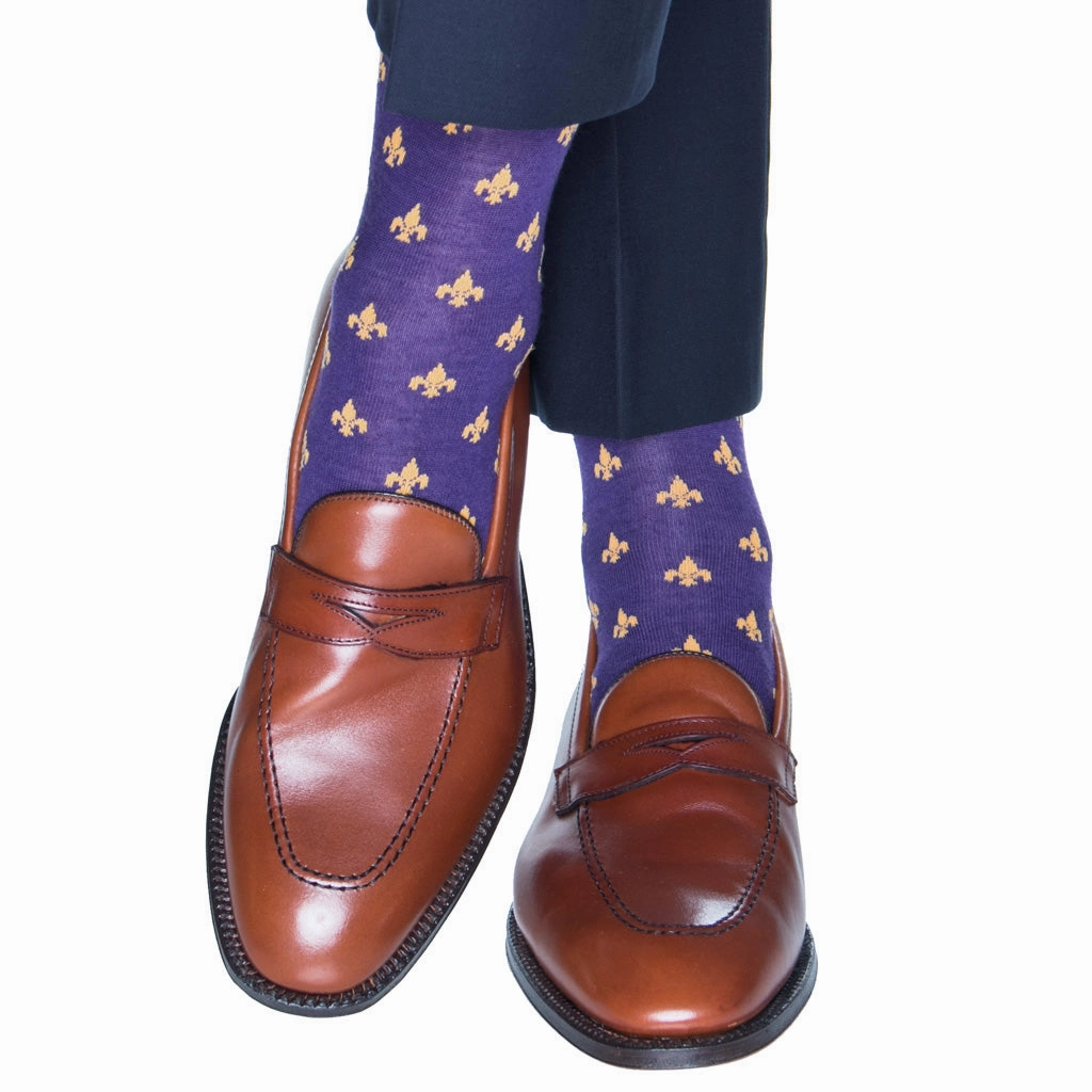 Purple with Yolk Fleur De Lis Fine Merino Wool Sock Linked Toe Mid-Calf