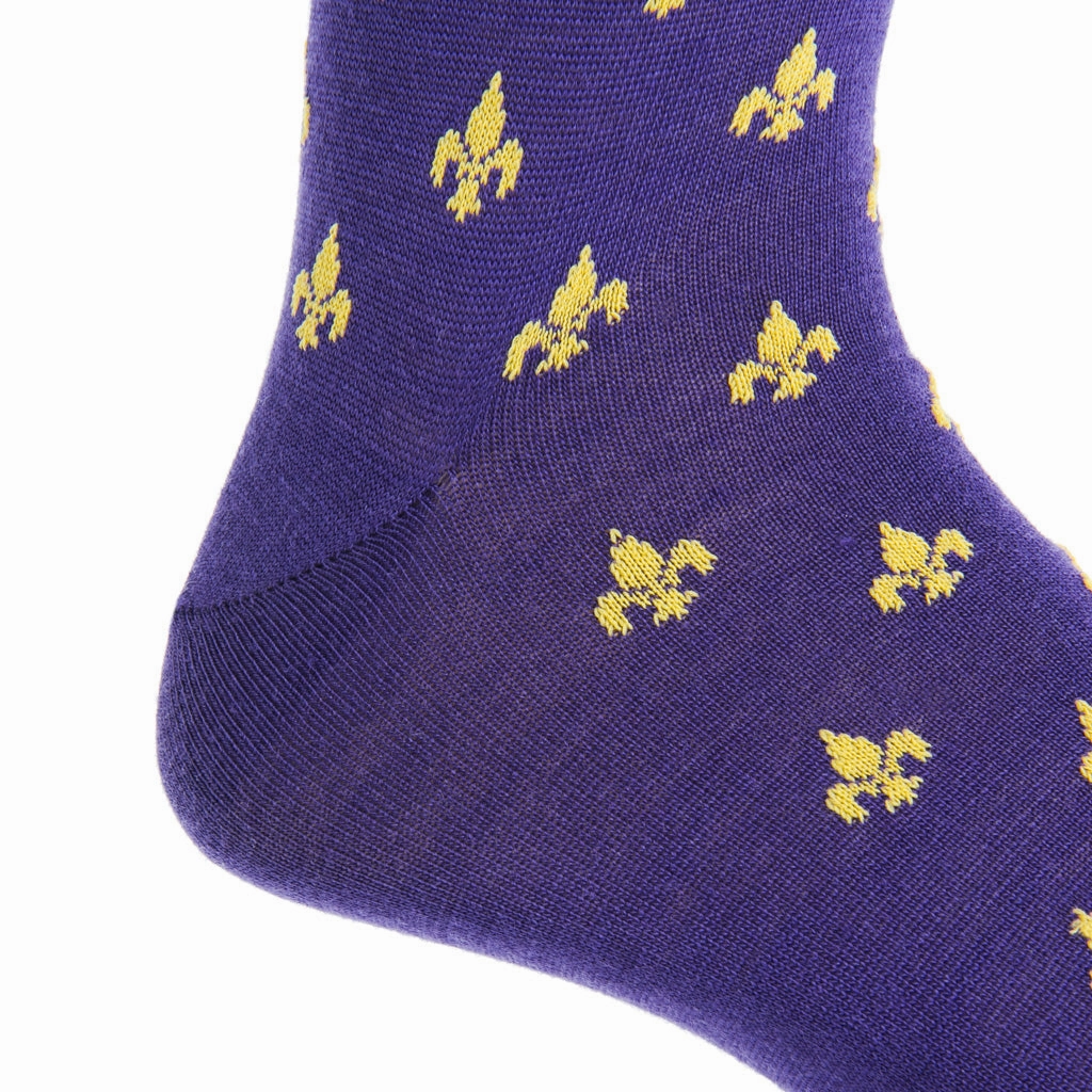Purple with Yolk Fleur De Lis Fine Merino Wool Sock Linked Toe Mid-Calf