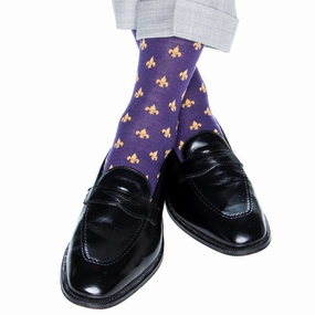 Purple with Yolk Fleur De Lis Fine Merino Wool Sock Linked Toe Mid-Calf