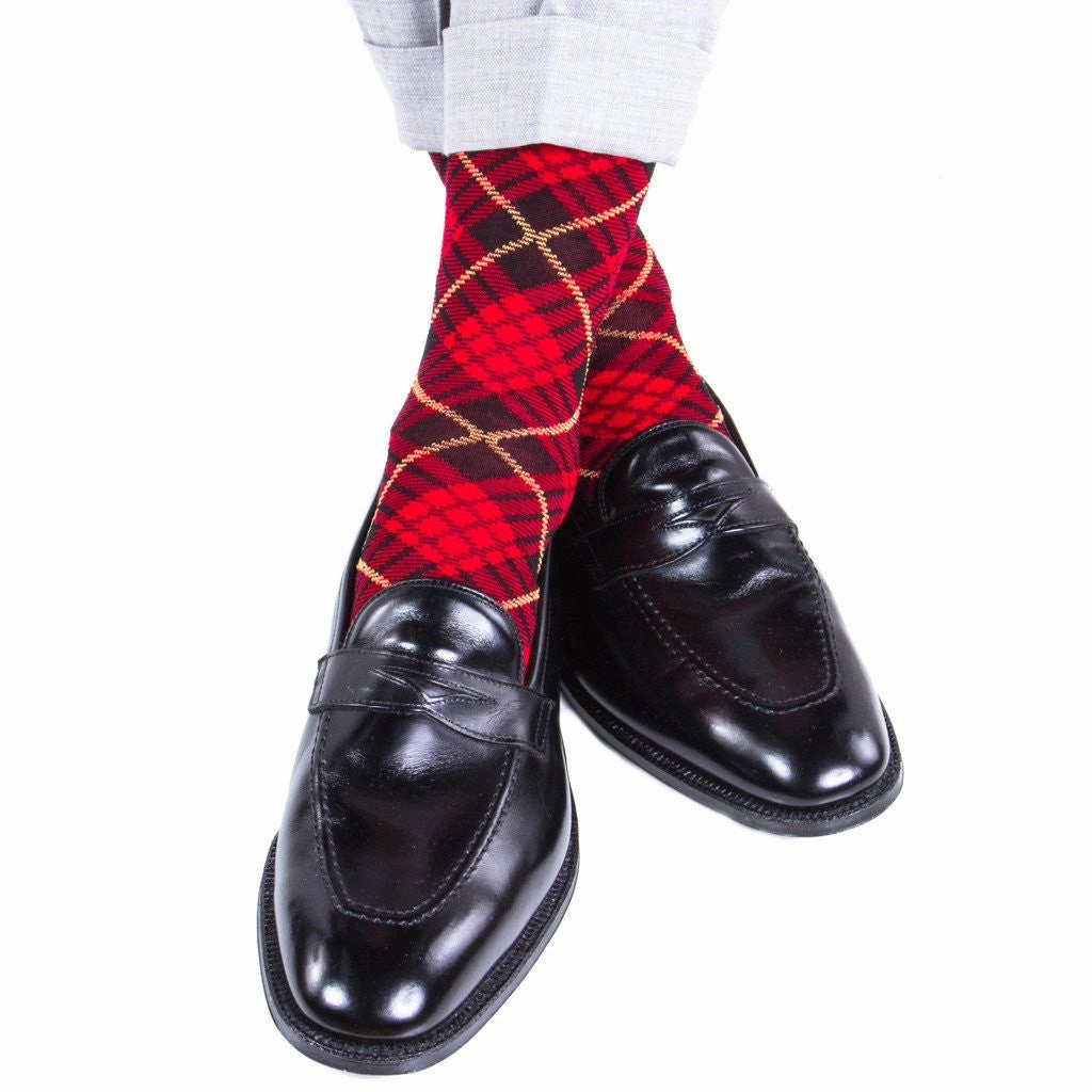 Red with Black and Yellow Tartan Cotton Sock Linked Toe OTC