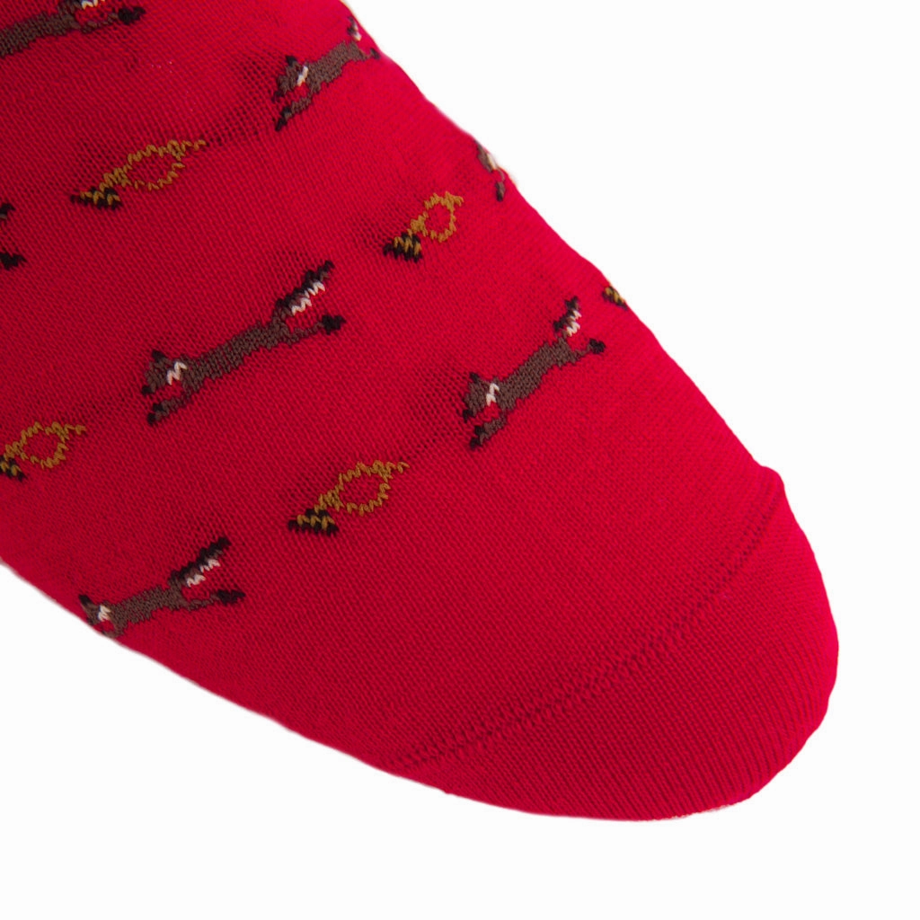 Red with Brown, Gold, and Cream Fox and Horn Wool Sock Linked Toe OTC