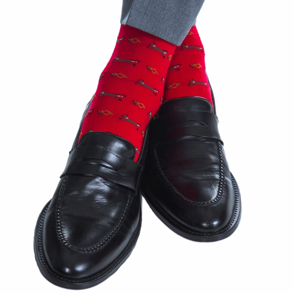 Red with Brown, Gold, and Cream Fox and Horn Wool Sock Linked Toe OTC
