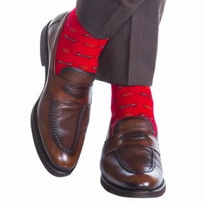 Red with Brown, Gold, and Cream Fox and Horn Wool Sock Linked Toe OTC