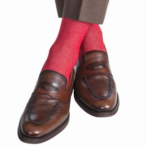 Red with Tan Nailhead Cotton Sock Linked Toe Mid-calf