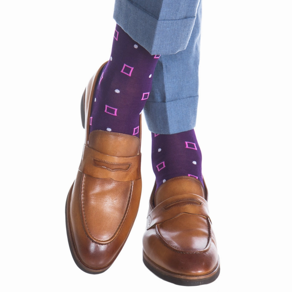 Royal Purple with Rose Squares and Lavender Dots Cotton Sock Linked Toe Mid-Calf