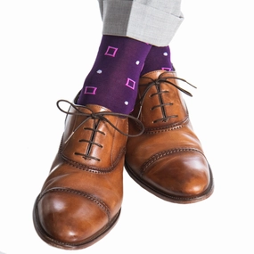 Royal Purple with Rose Squares and Lavender Dots Cotton Sock Linked Toe Mid-Calf