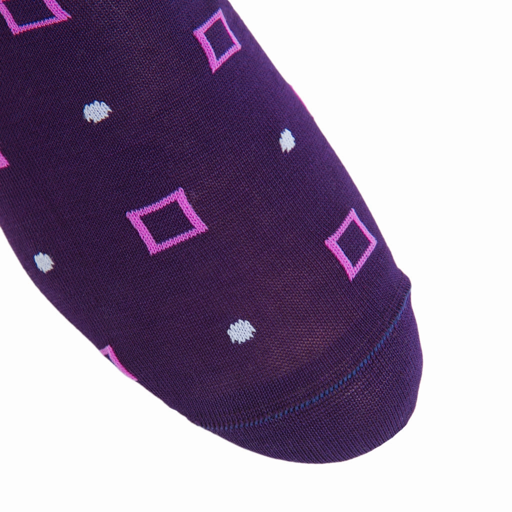 Royal Purple with Rose Squares and Lavender Dots Cotton Sock Linked Toe Mid-Calf