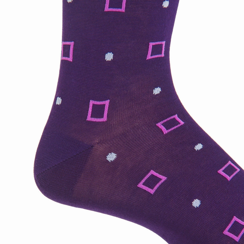 Royal Purple with Rose Squares and Lavender Dots Cotton Sock Linked Toe Mid-Calf