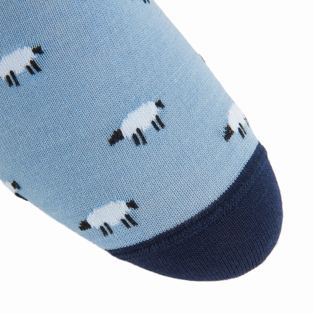 Sky Blue with Black and White Sheep with Dress Navy Tipping Fine Merino Wool Sock Linked Toe Mid-Calf