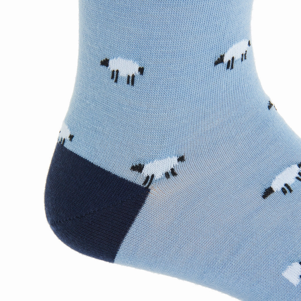 Sky Blue with Black and White Sheep with Dress Navy Tipping Fine Merino Wool Sock Linked Toe Mid-Calf