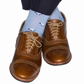 Sky Blue with Black and White Sheep with Dress Navy Tipping Fine Merino Wool Sock Linked Toe Mid-Calf