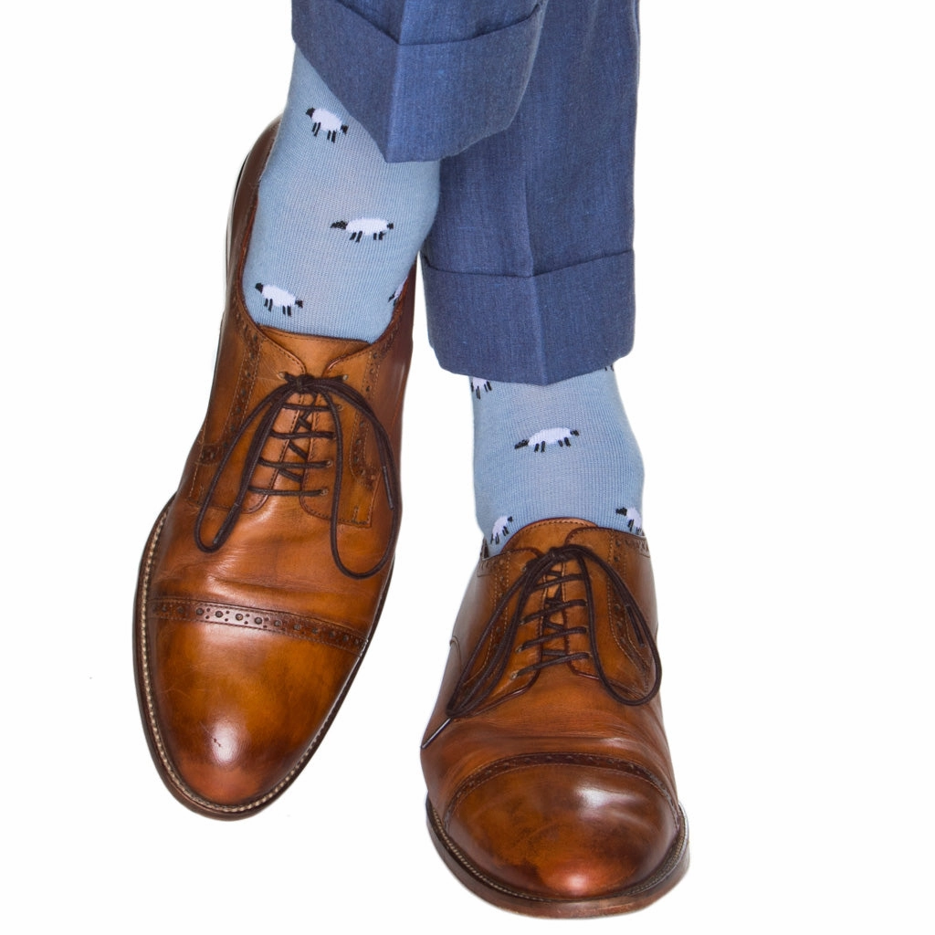 Sky Blue with Black and White Sheep with Dress Navy Tipping Fine Merino Wool Sock Linked Toe Mid-Calf