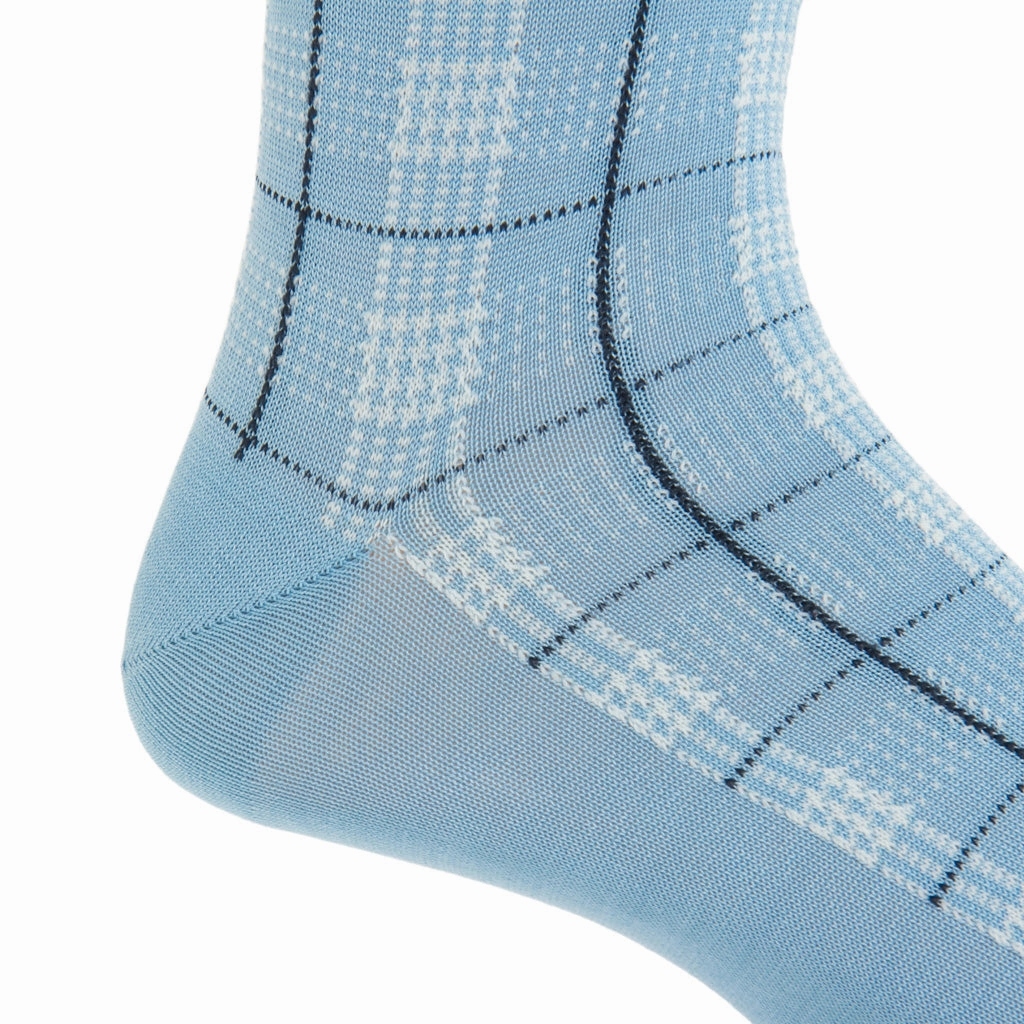 Sky Blue with Cream and Classic Navy Plaid Cotton Sock Linked Toe Mid-Calf