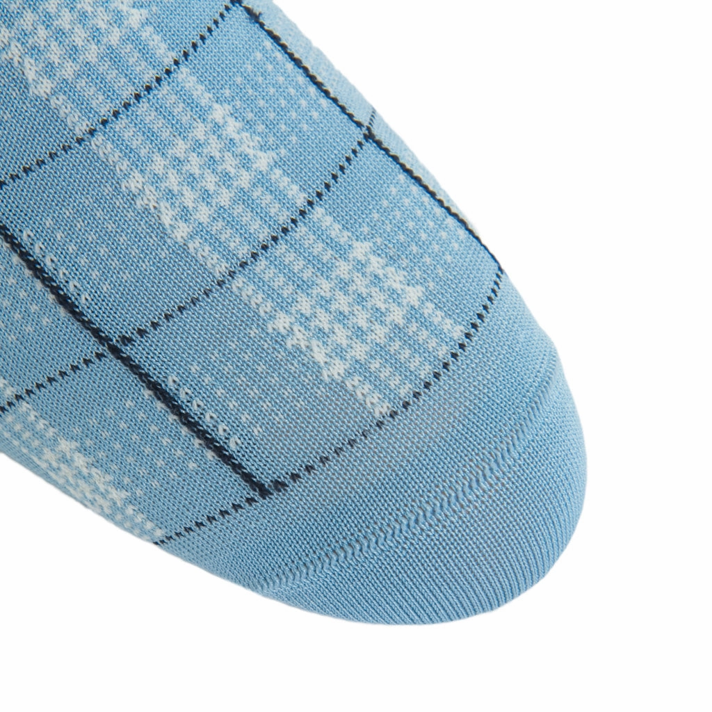 Sky Blue with Cream and Classic Navy Plaid Cotton Sock Linked Toe Mid-Calf