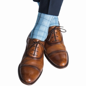 Sky Blue with Cream and Classic Navy Plaid Cotton Sock Linked Toe Mid-Calf