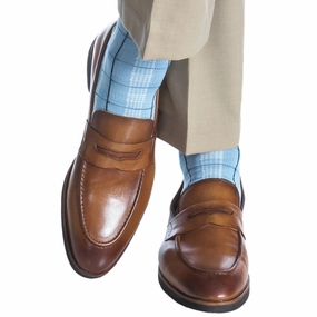 Sky Blue with Cream and Classic Navy Plaid Cotton Sock Linked Toe OTC