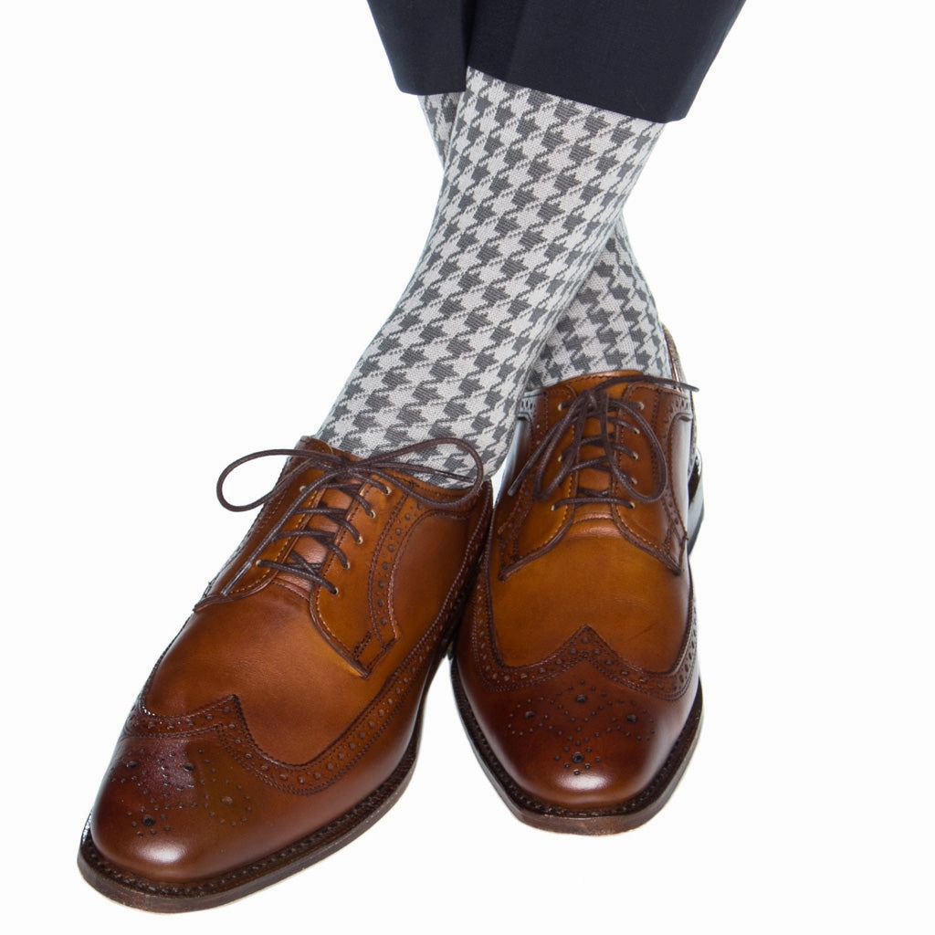 Steel Gray with Ash Large Houndstooth with Black Tipping Cotton Sock Linked Toe Mid-Calf