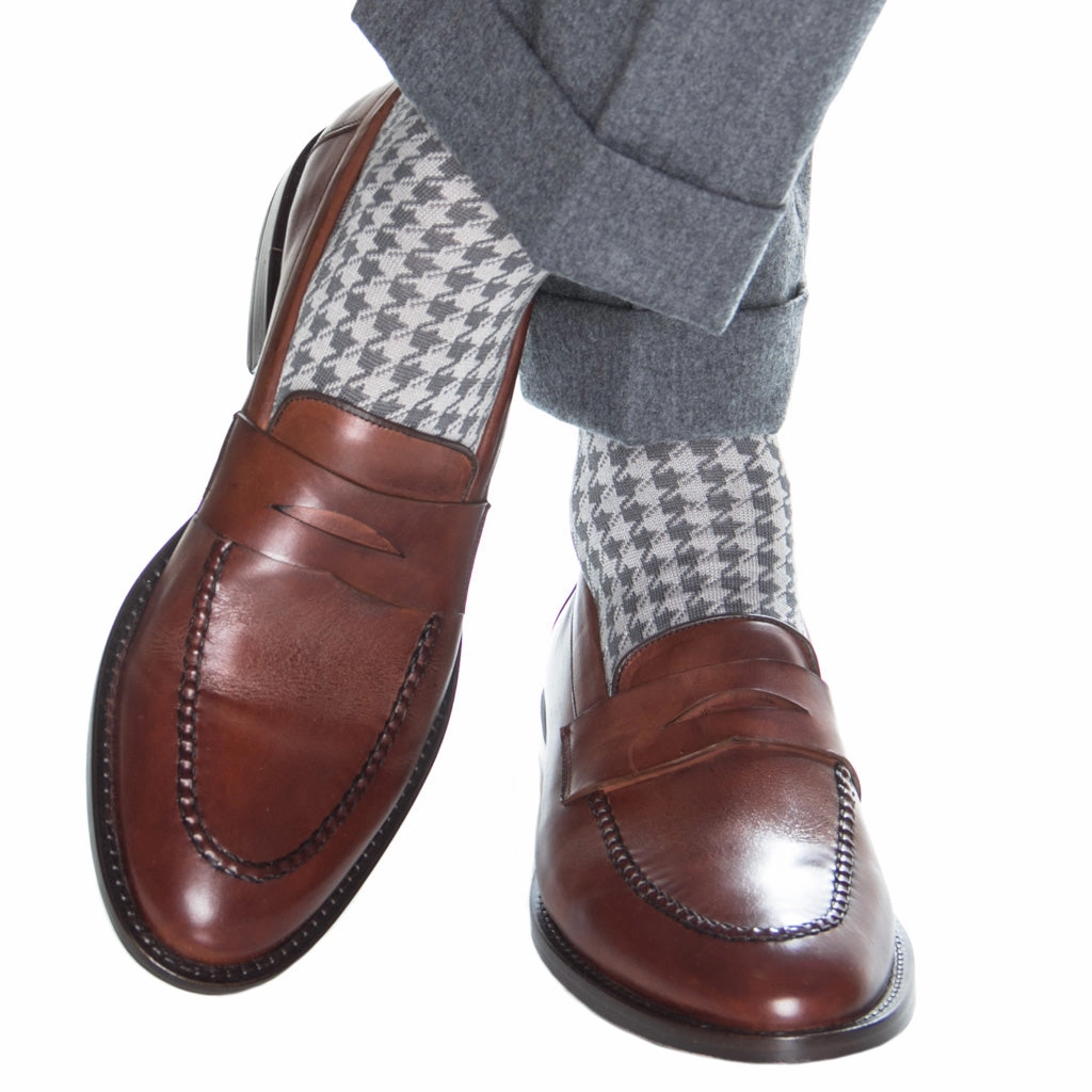Steel Gray with Ash Large Houndstooth with Black Tipping Cotton Sock Linked Toe Mid-Calf
