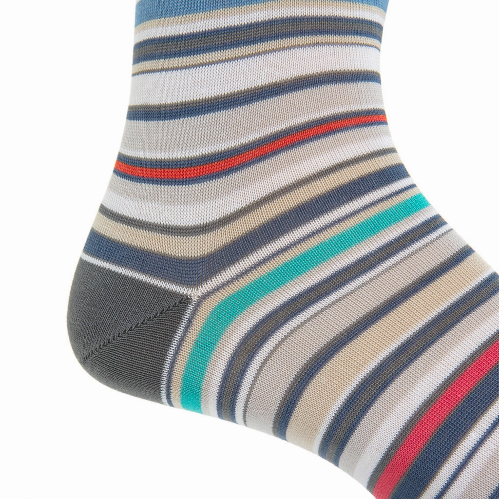 Steel Gray with Azure Blue, Yolk, Coral, Ceramic, Forest Green,Tigerlily Orange, Clematis Blue and Rose Variegated Stripe Cotton Sock Linked Toe Mid-Calf