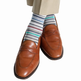Steel Gray with Azure Blue, Yolk, Coral, Ceramic, Forest Green,Tigerlily Orange, Clematis Blue and Rose Variegated Stripe Cotton Sock Linked Toe Mid-Calf