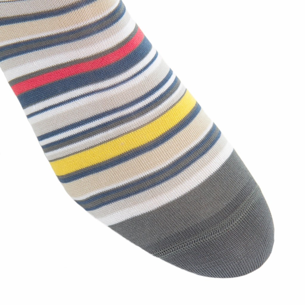 Steel Gray with Azure Blue, Yolk, Coral, Ceramic, Forest Green,Tigerlily Orange, Clematis Blue and Rose Variegated Stripe Cotton Sock Linked Toe OTC