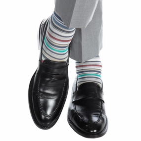 Steel Gray with Azure Blue, Yolk, Coral, Ceramic, Forest Green,Tigerlily Orange, Clematis Blue and Rose Variegated Stripe Cotton Sock Linked Toe OTC