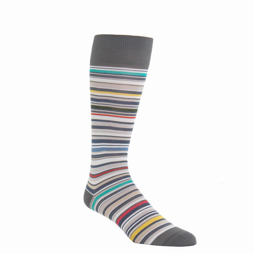 Steel Gray with Azure Blue, Yolk, Coral, Ceramic, Forest Green,Tigerlily Orange, Clematis Blue and Rose Variegated Stripe Cotton Sock Linked Toe OTC