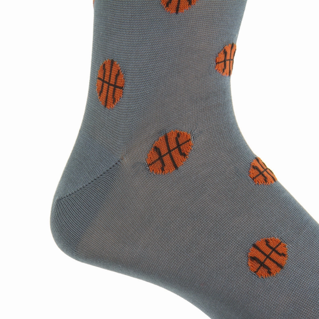 Steel Gray with Tigerlily Orange Basketball Cotton Sock Linked Toe Mid-Calf