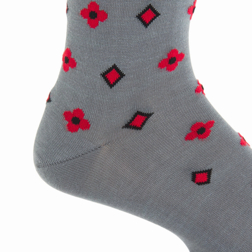 Steel Grey with Black and Red Neats Cotton Sock Linked Toe Mid-Calf