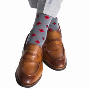 Steel Grey with Black and Red Neats Cotton Sock Linked Toe Mid-Calf