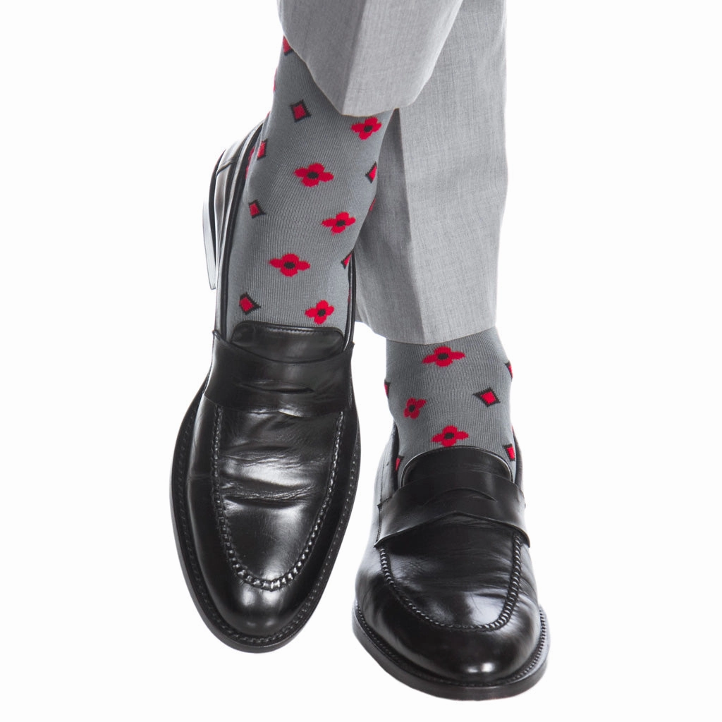 Steel Grey with Black and Red Neats Cotton Sock Linked Toe Mid-Calf