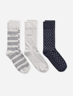 Stripe Dot Rib Socks 3 Pack Light Grey Melange