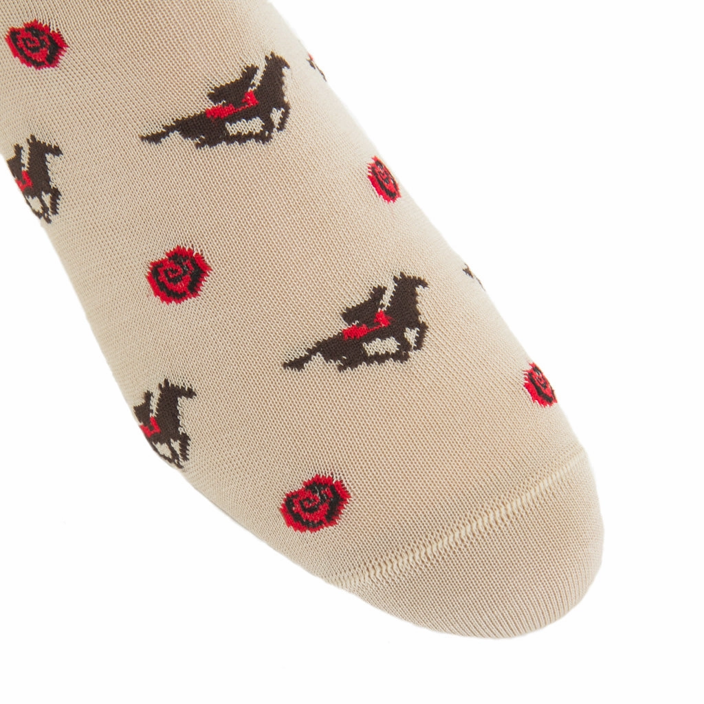 Tan with Coffee Brown Jockey and Red Rose Cotton Sock Linked Toe Mid-Calf