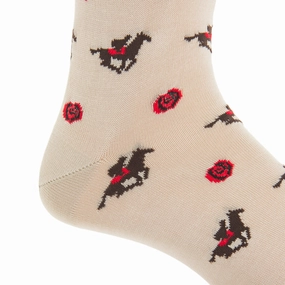 Tan with Coffee Brown Jockey and Red Rose Cotton Sock Linked Toe Mid-Calf