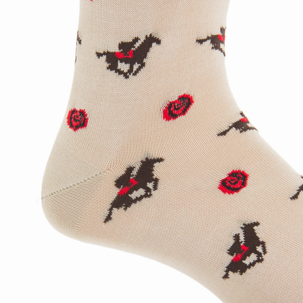 Tan with Coffee Brown Jockey and Red Rose Cotton Sock Linked Toe Mid-Calf