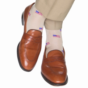 Tan with Red, White, and Clematis Blue American Flags Cotton Sock Linked Toe OTC