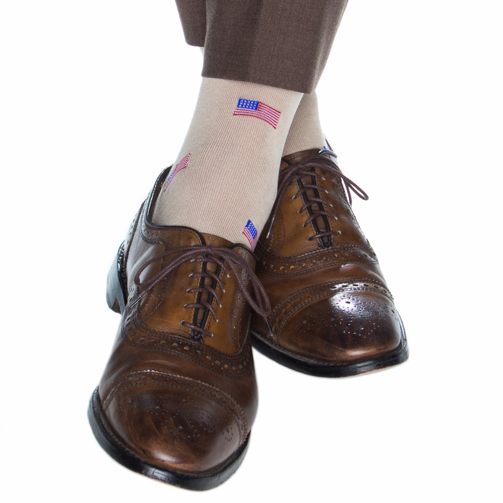 Tan with Red, White, and Clematis Blue American Flags Cotton Sock Linked Toe OTC