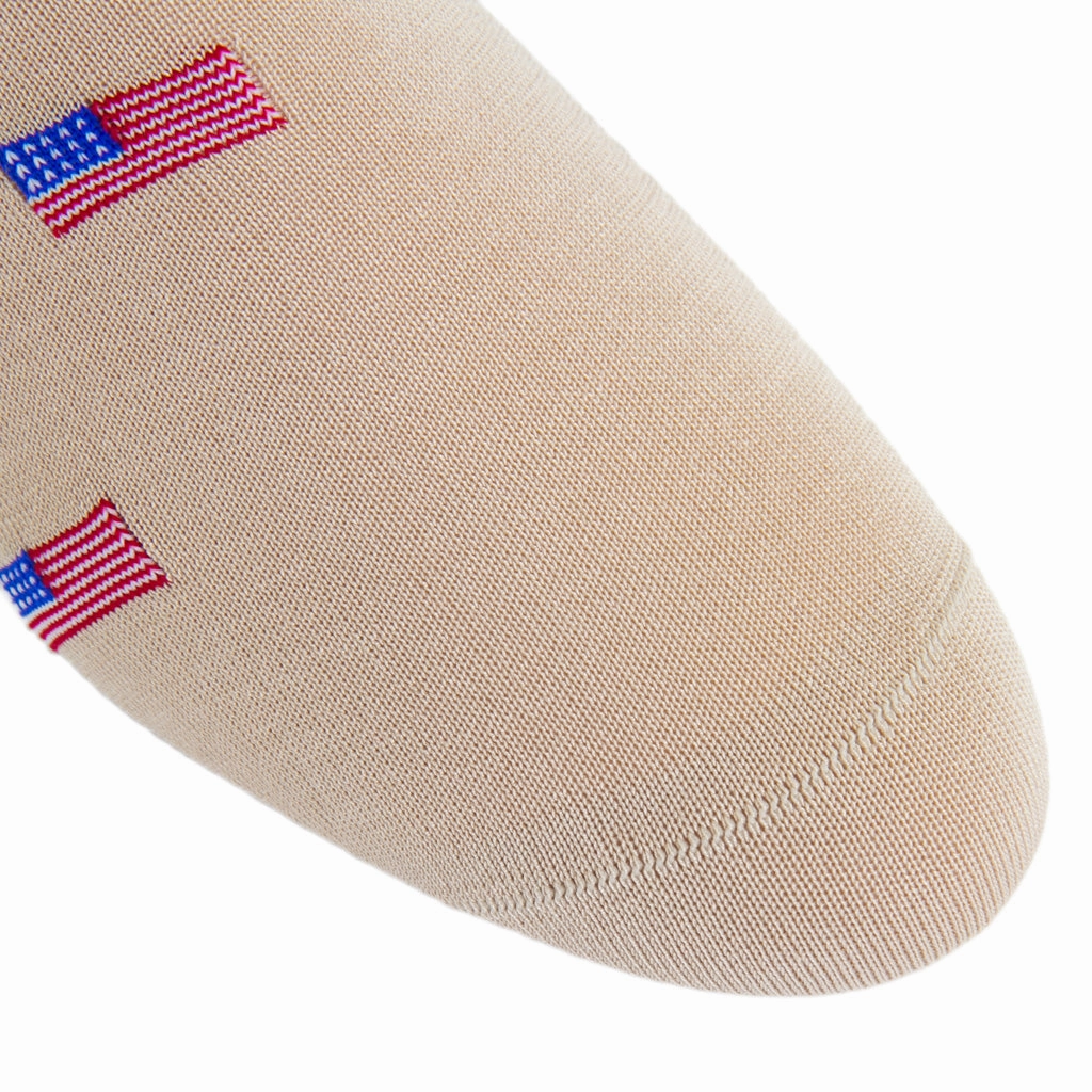 Tan with Red, White, and Clematis Blue American Flags Cotton Sock Linked Toe OTC