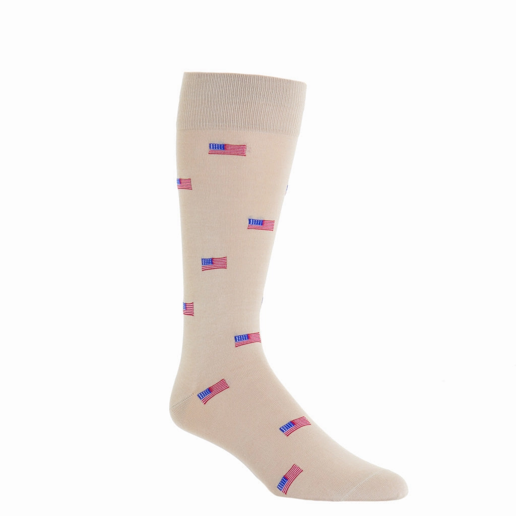 Tan with Red, White, and Clematis Blue American Flags Cotton Sock Linked Toe OTC