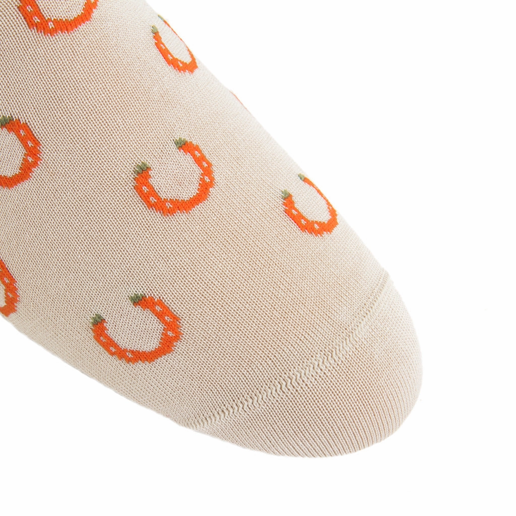 Tan with Tigerlily Orange and Pine Sage Horseshoe Cotton Sock Linked Toe OTC