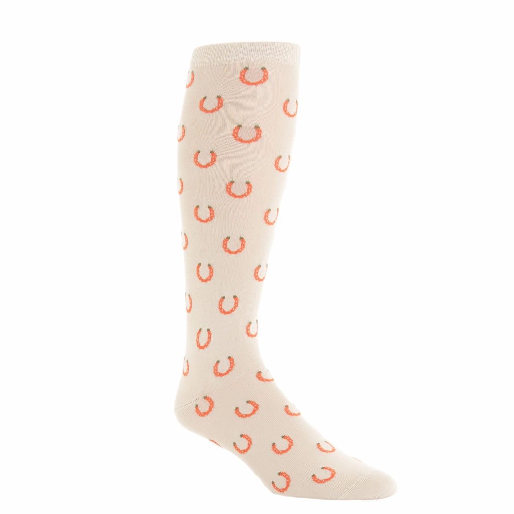Tan with Tigerlily Orange and Pine Sage Horseshoe Cotton Sock Linked Toe OTC