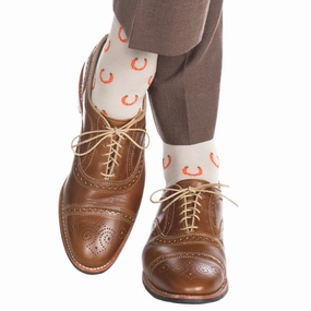 Tan with Tigerlily Orange and Pine Sage Horseshoe Cotton Sock Linked Toe OTC