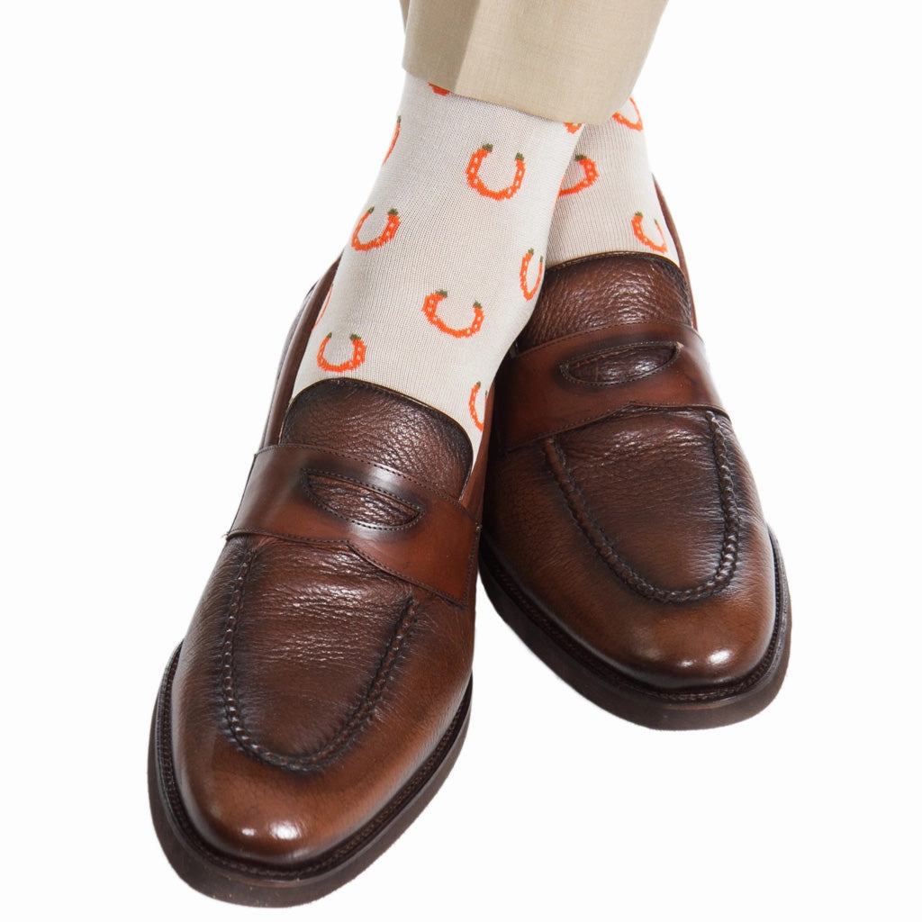 Tan with Tigerlily Orange and Pine Sage Horseshoe Cotton Sock Linked Toe OTC