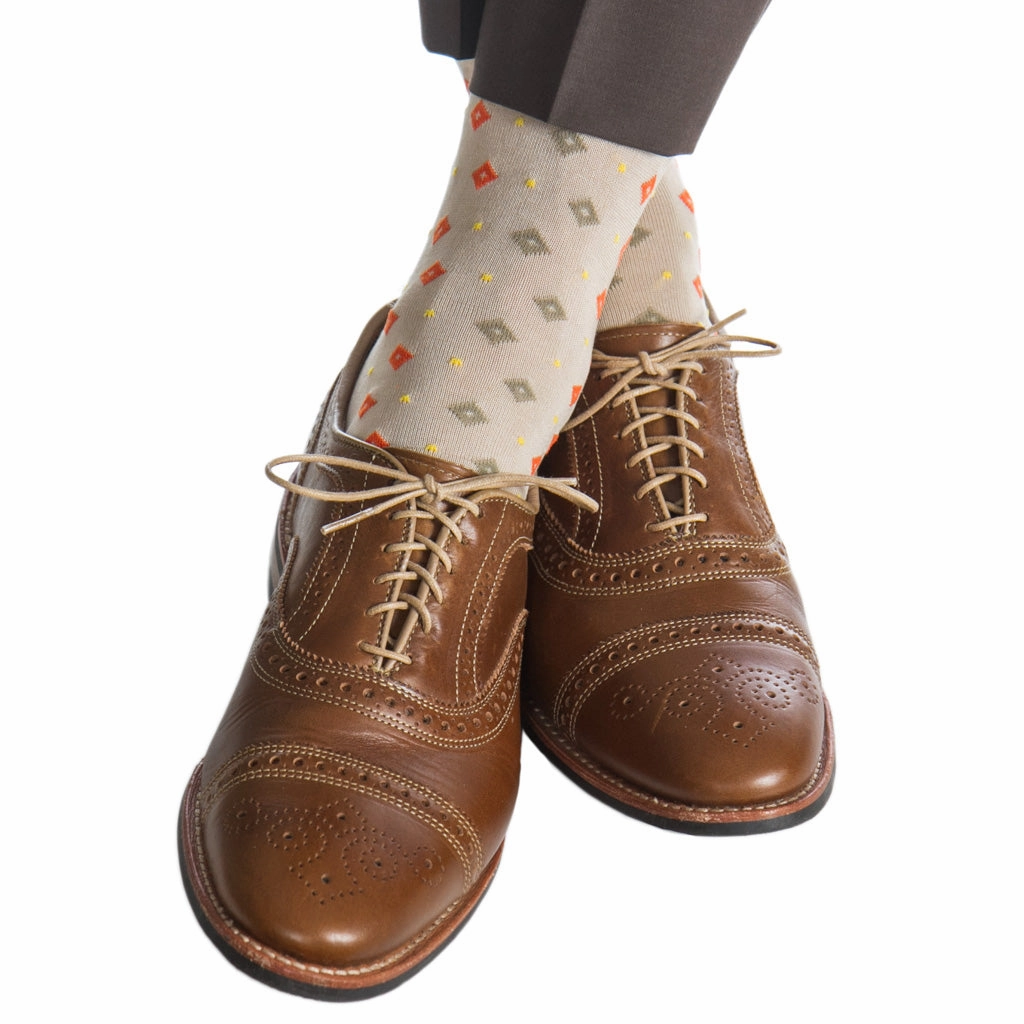 Tan with Tigerlily Orange and Yolk Dots in Diamonds Cotton Sock Linked Toe OTC