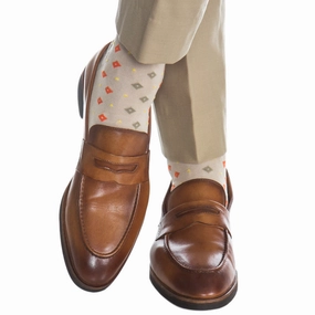 Tan with Tigerlily Orange and Yolk Dots in Diamonds Cotton Sock Linked Toe OTC