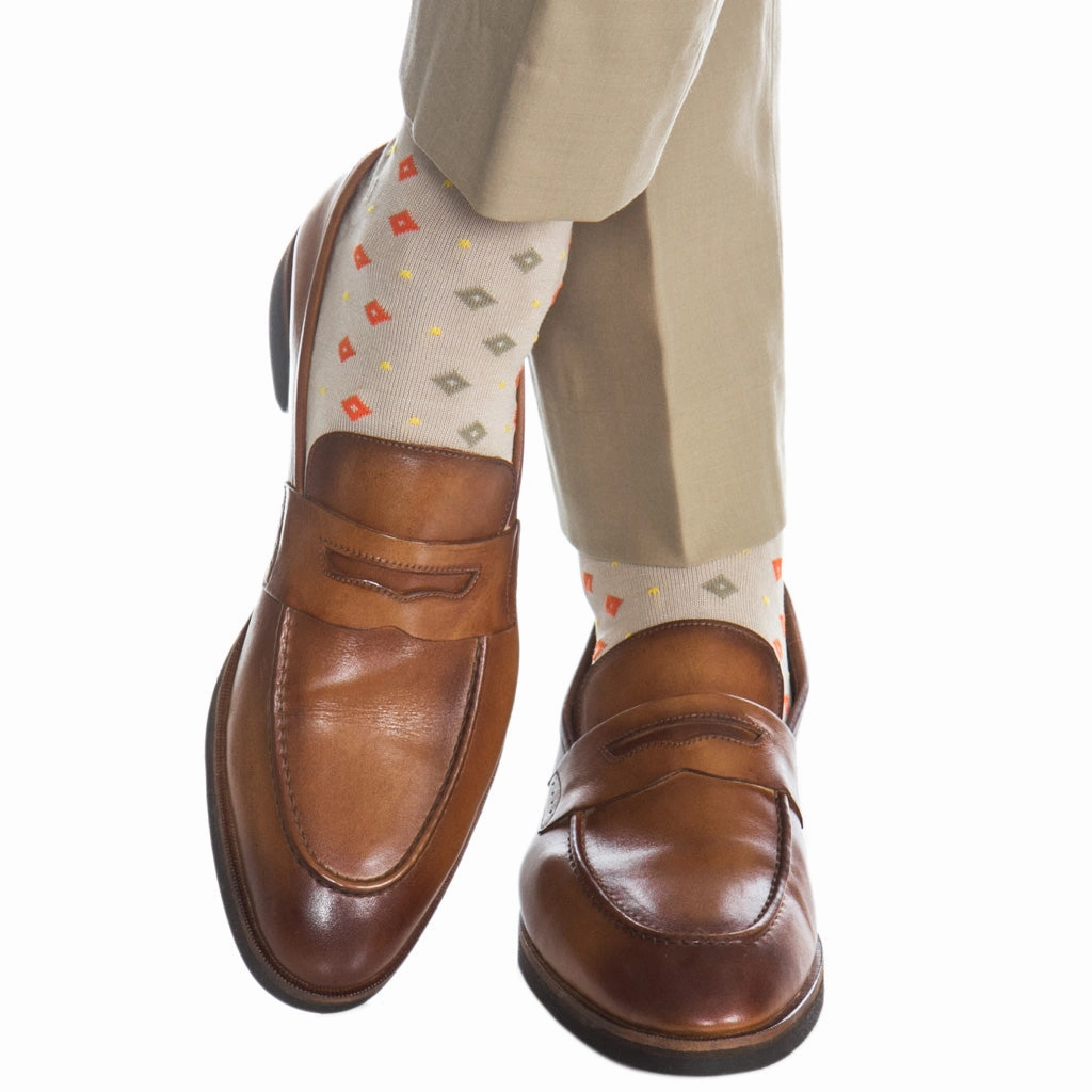 Tan with Tigerlily Orange and Yolk Dots in Diamonds Cotton Sock Linked Toe OTC