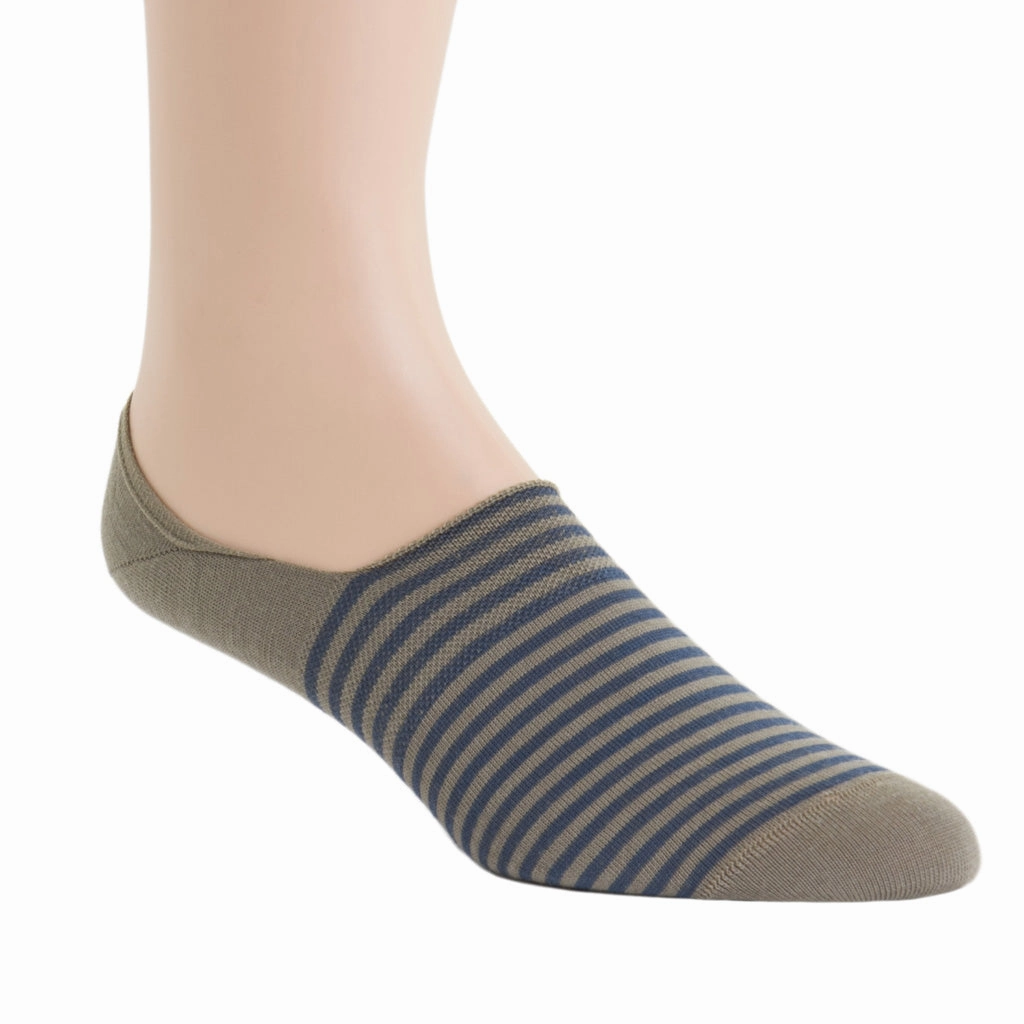 Taupe with Bay Blue Repeating Stripe High Vamp Wool Sock Linked Toe No Show