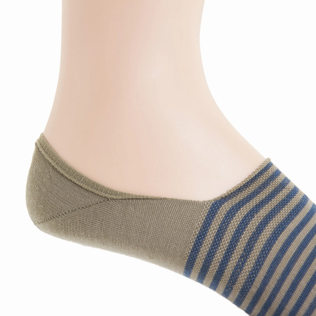Taupe with Bay Blue Repeating Stripe High Vamp Wool Sock Linked Toe No Show