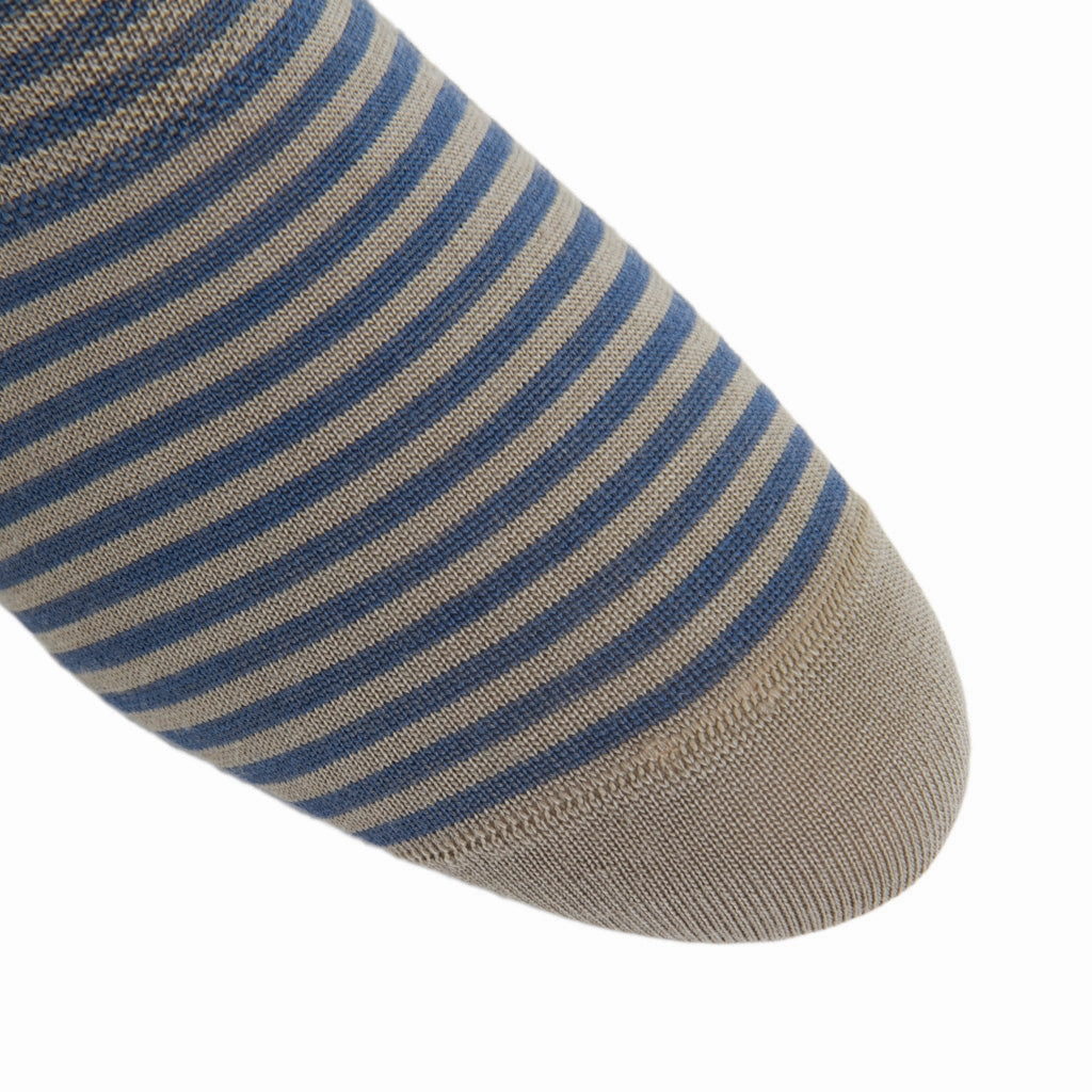 Taupe with Bay Blue Repeating Stripe High Vamp Wool Sock Linked Toe No Show